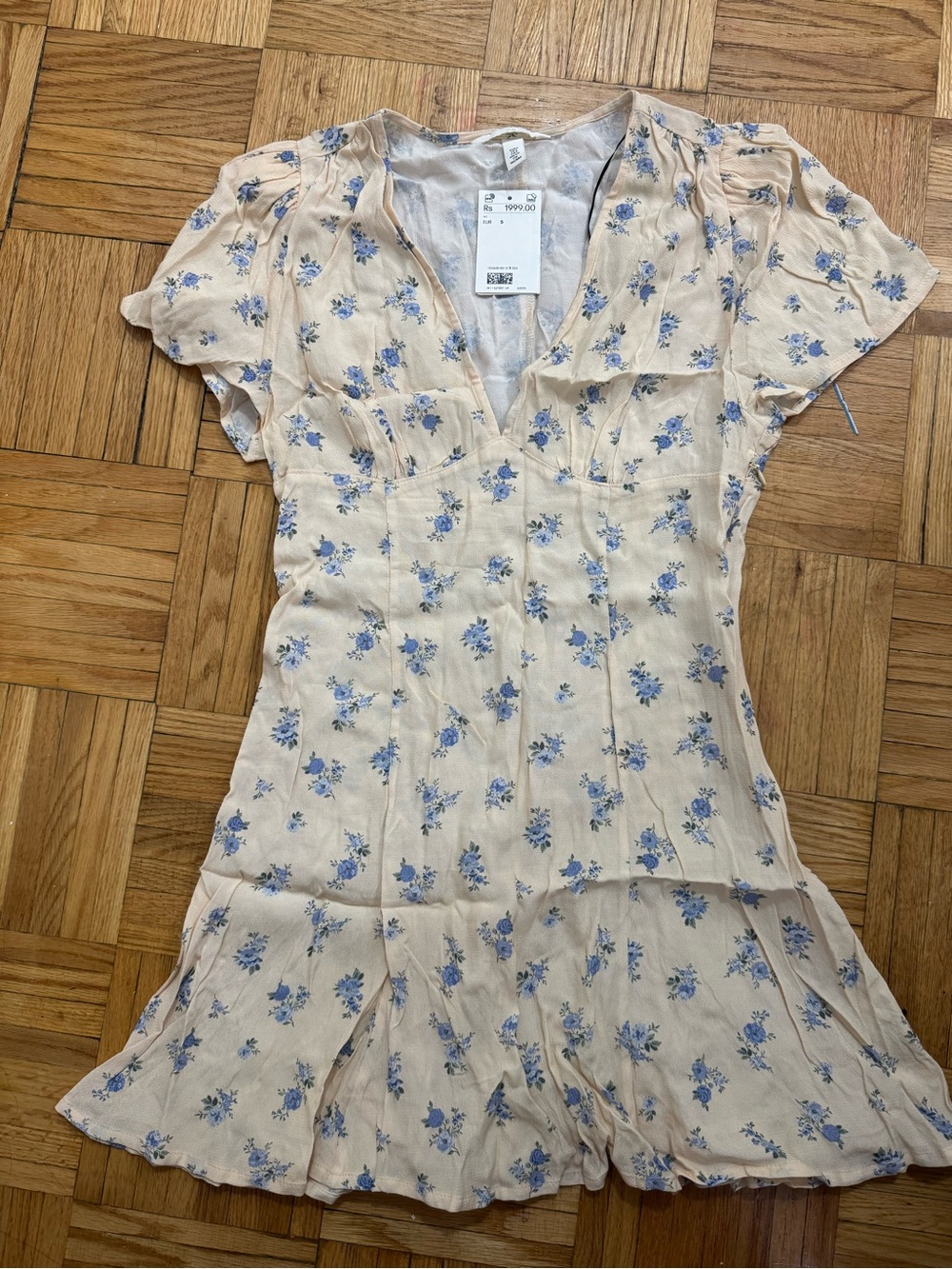 H&M Cream Mini Dress with Blue Floral Print